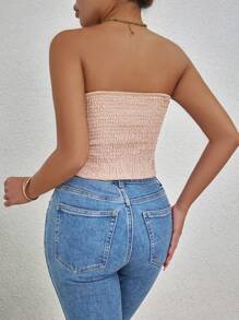 Zolique 優雅的緞面褶皺短款無肩帶上衣，側開叉款，適用於夏季 - 杏色 - 查看 2