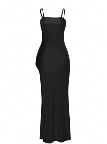 INAWLY Váy xẻ bên xếp ly màu trơn có dây đai spaghetti dành cho nữ - màu đen - Xem 2