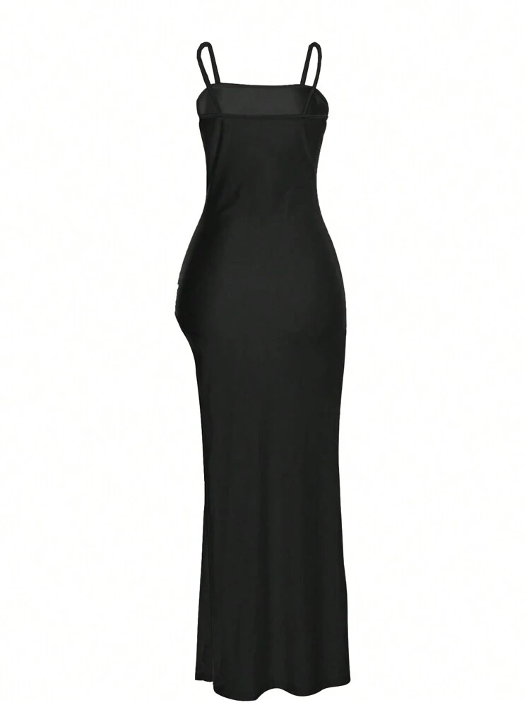 INAWLY Vestido de mujer con pliegues y abertura lateral con tirantes finos y de unicolor - Negro - Añade 2