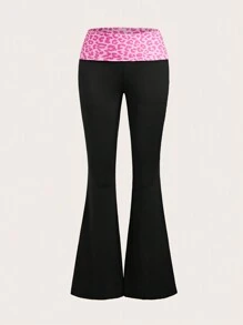 SHEIN ICON Y2k Pink Leopard Print Spliced Fold-Over Waist Flare Pants With Super Low Rise - Black - View 2