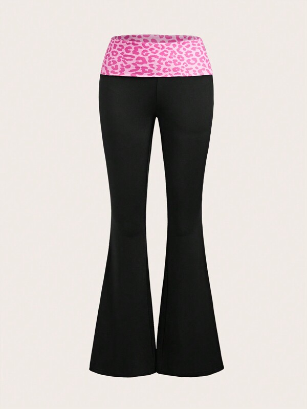 SHEIN ICON Y2k Pink Leopard Print Spliced Fold-Over Waist Flare Pants With Super Low Rise