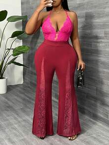 SHEIN SXY Plus Quần ống loe ren tương phản cho mùa hè - Màu Đỏ Sâu - Xem 3