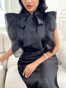 Modelyn Ladies' Plain Simple Daily Wear Button-Up Shirt,Sleeveless Tops - Black - View 1