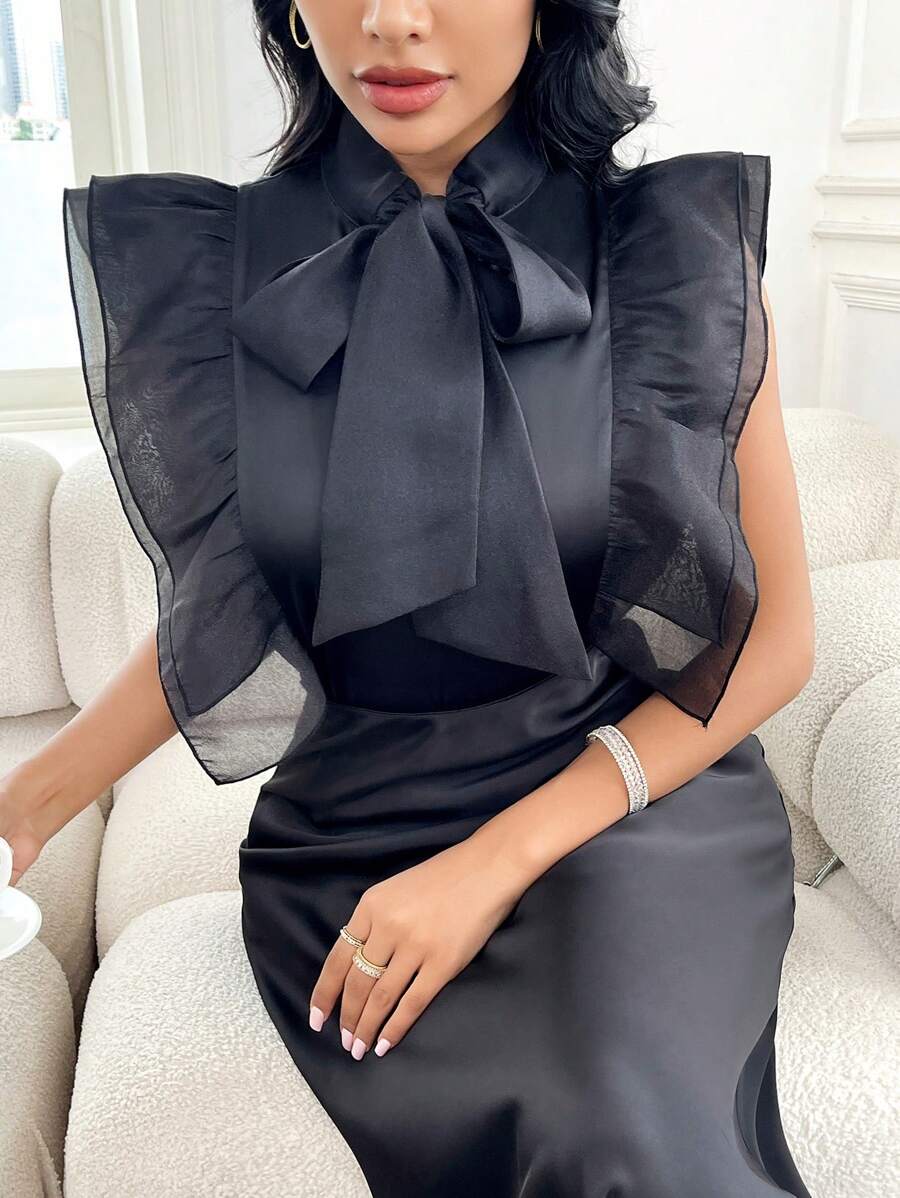 Modelyn Ladies' Plain Simple Daily Wear Button-Up Shirt,Sleeveless Tops - Black - View 1