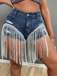 SHEIN SXY Cộng với kích thước Quần short denim màu xanh bó sát gợi cảm có lỗ rách và tua rua - Rửa trung bình - Xem 1