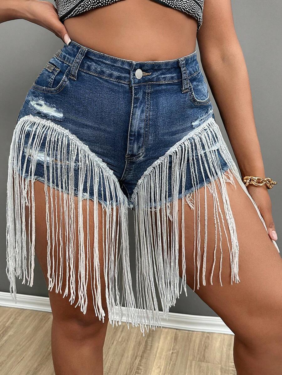 SHEIN SXY Cộng với kích thước Quần short denim màu xanh bó sát gợi cảm có lỗ rách và tua rua - Rửa trung bình - Xem 1