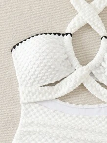 Swim Mod Contrast Binding Cut Out Halter Summer Beach One Piece Swimsuit - White - View 5