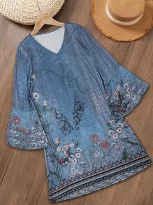 女式西方復古印花V領長袖連衣裙 - 彩色 - 查看 4