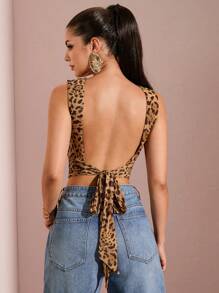 SHEIN BAE 女士露背蝴蝶结吊带背心，豹纹印花，优雅无袖休闲款，适合海滩度假、约会之夜、泳池派对、外出、情人节等场合。 - 彩色 - 查看 1