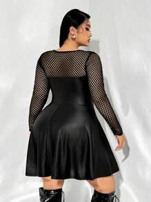 SHEIN ICON Plus Size PU Leather Spliced Mesh Dress, For Winter - Black - View 5