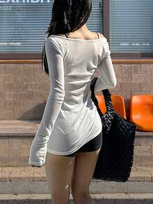 INAWLY 95% Polyester 5% Spandex Solid Color Casual Daily Long Sleeve T-Shirt - White - View 2