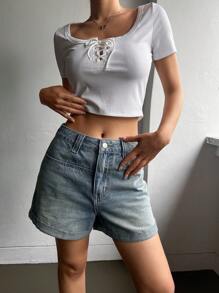 DAZY 高腰卷邊牛仔短褲 - 中等水洗藍 - 查看 5