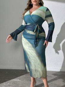 Modelyn 大码女式印花简约日常长袖连衣裙，超长紧身连衣裙，适合盛装活动/婚礼/派对 - 彩色 - 查看 5