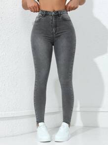 Jeanoix Solid Color Skinny Jeans With Pockets And Zipper - Grey - View 6