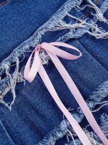 SHEIN MOD Falda de mezclilla para mujer con doble ribete de volantes en el dobladillo, bolsillos decorados con moño