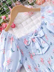 SHEIN Floral Print Short Sleeve Teenage Girls' Dress - Baby Blue - View 7