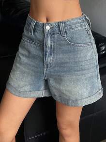 DAZY 高腰卷邊牛仔短褲 - 中等水洗藍 - 查看 7