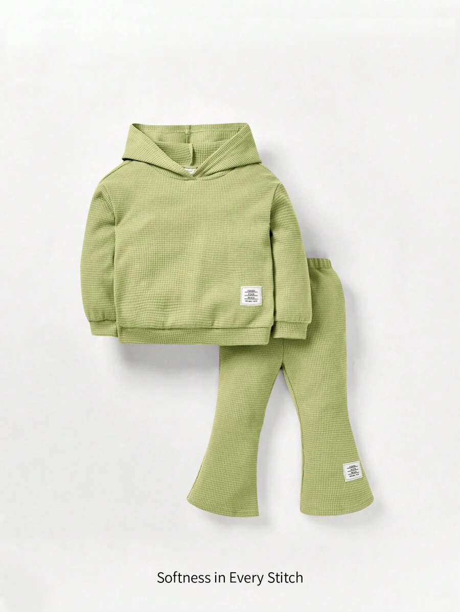 Cozy Pixies 2 件装女婴中性服装纯色连帽落肩运动衫和阔腿裤套装,绿色 - 綠色 - 查看 1