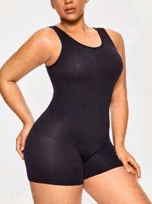 SHAPORA 大码女式纯色无袖圆领塑身连体短裤 - 黑色 - 查看 6