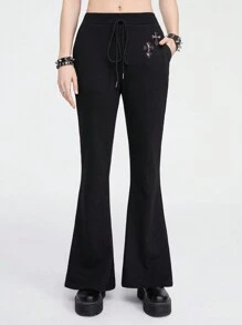 ROMWE Grunge Punk Y2K豹紋十字繡花女式喇叭褲 - 黑色 - 查看 5