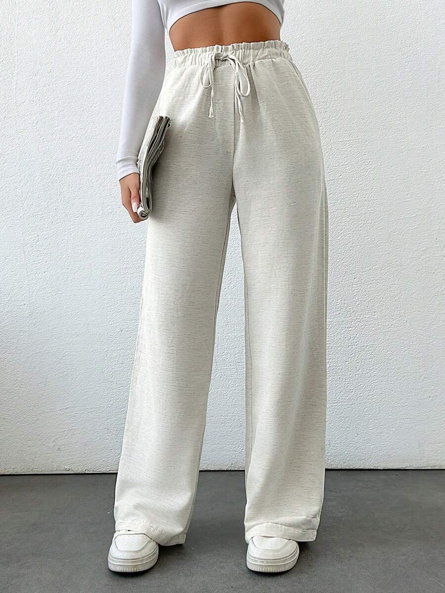 EURMUSE Paperbag Waist Drawstring Front Wide Leg Pants - Apricot - View 1