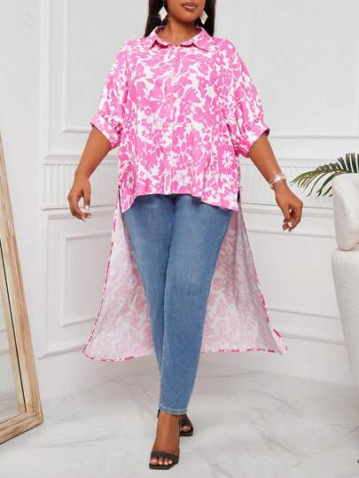 SHEIN Lady Plus Size Women's Pink Flower Printed Shirt-Style Top With Asymmetrical Hem, Summer Robes Going Out