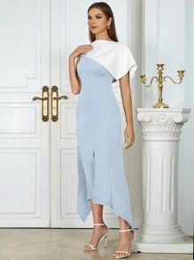 Elegant Simple Blue And White Patchwork Asymmetrical Waist Tuxedo Dress Women - Baby Blue - View 1