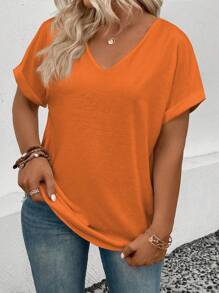 INAWLY Plus Size Women's V-Neck Folded Cuff Casual All-Match Orange Top - Orange - View 4