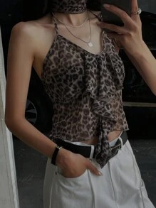 DAZY Leopard Print Ruffle Trim Halter Top
