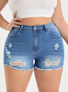 SHEIN SXY Plus Size Stretchy Distressed Raw Hem Sexy Skinny Denim Shorts - Blue - View 1