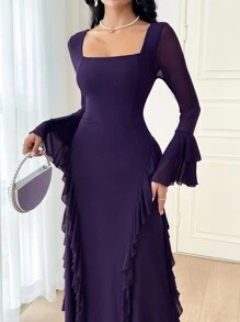 Modelyn Đầm dài tay xếp ly cổ vuông nhiều lớp thiết kế thời trang cao cấp tay chuông cho nữ, lưới tương phản thanh lịch cho nữ, bèo nhún, viền bèo nhún Đầm dài tay cổ vuông ôm vừa vặn màu tím tím tay loe trơn chữ A Đầm dài cho nữ, mùa xuân/thu, đầm dạ hội dài mặc hàng ngày - Màu tím  Violet - Xem 5