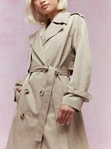 MISSGUIDED Double Breasted Long Line Trench Coat With Belt Winter Wear - Khaki - View 3