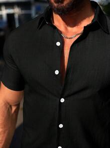 Manfinity Homme 男士夏季純色單排釦短袖襯衫和束口腰短褲休閒套裝 - 黑色 - 查看 7