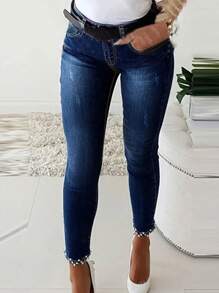 1pc Fashionable Studded Bowknot Decor Skinny Jeans With Pockets For Young Ladies - 深色水洗藍 - 查看 3