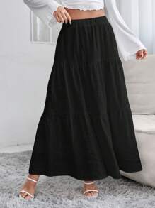 SHEIN PETITE 女款純色鬆軟褶邊休閒裙 - 黑色 - 查看 1