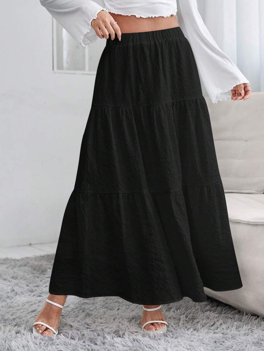 SHEIN PETITE 女款純色鬆軟褶邊休閒裙 - 黑色 - 查看 1