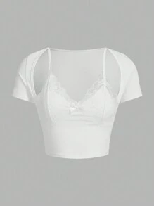 SHEIN ICON Áo thun tay ngắn bó sát có đệm ren tam giác cỡ lớn (2 trong 1) - trắng - Xem 1