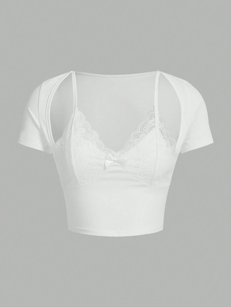 SHEIN ICON Áo thun tay ngắn bó sát có đệm ren tam giác cỡ lớn (2 trong 1) - trắng - Xem 1