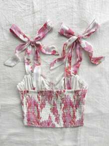 Soleia Women's Casual Tie Dye Floral & Leaf Pattern Chiffon Cami Top With Bow Tie Straps, Summer Beach/Graduation/Wedding Wear