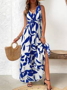 Breezaya Women's Vacation Plant Printed V-Neck Waist Pleated Sleeveless Long Casual Dress Maxi Vacation Beach Outfit - Multicolor - View 3