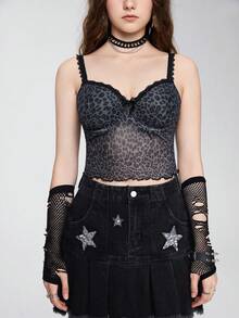ROMWE Grunge Punk Áo ba lỗ phối ren họa tiết da báo cho nữ - Nhiều màu - Xem 7