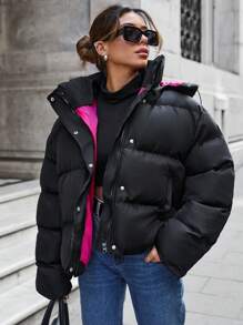 EURMUSE Coat With Zipper, Hood, Puffer Thick, Double Faced - Black - View 1