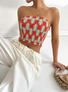 SHEIN Unity Top tubo corto con estampado fruncido y ribete de volantes