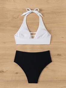 SHEIN Swim 女士性感拼色頸掛式比基尼套裝，適用於夏日沙灘 - 彩色 - 查看 2