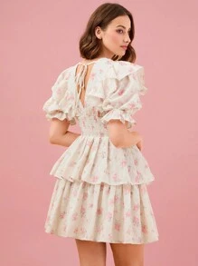 Enchnt Women's Floral Print Puff Sleeve Short Sleeve Dress For Daily Wear - Pink - View 2