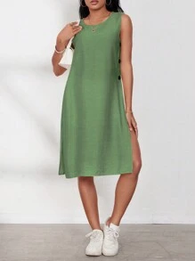 EMERY ROSE Women's Casual Solid Color Sleeveless Side Split Mid-Length Shirt For Summer,Sleeveless Tops - Army Green - View 6