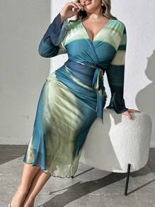 Modelyn 大码女式印花简约日常长袖连衣裙，超长紧身连衣裙，适合盛装活动/婚礼/派对 - 彩色 - 查看 2