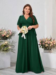 SHEIN Belle Plus Size Ruffle Bridesmaid Dress, Cross Waist And Ruffled Neckline Elegant Dress