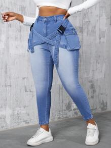 SHEIN CURVE+ Plus Size Women Elastic Waist Belt Design Blue Denim Skinny Pants - Blue - View 1
