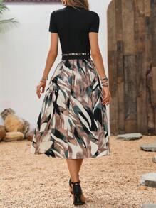 Breezaya Solid Short Sleeve Top And Random Floral-Print Skirt Set For Women - Green - View 2